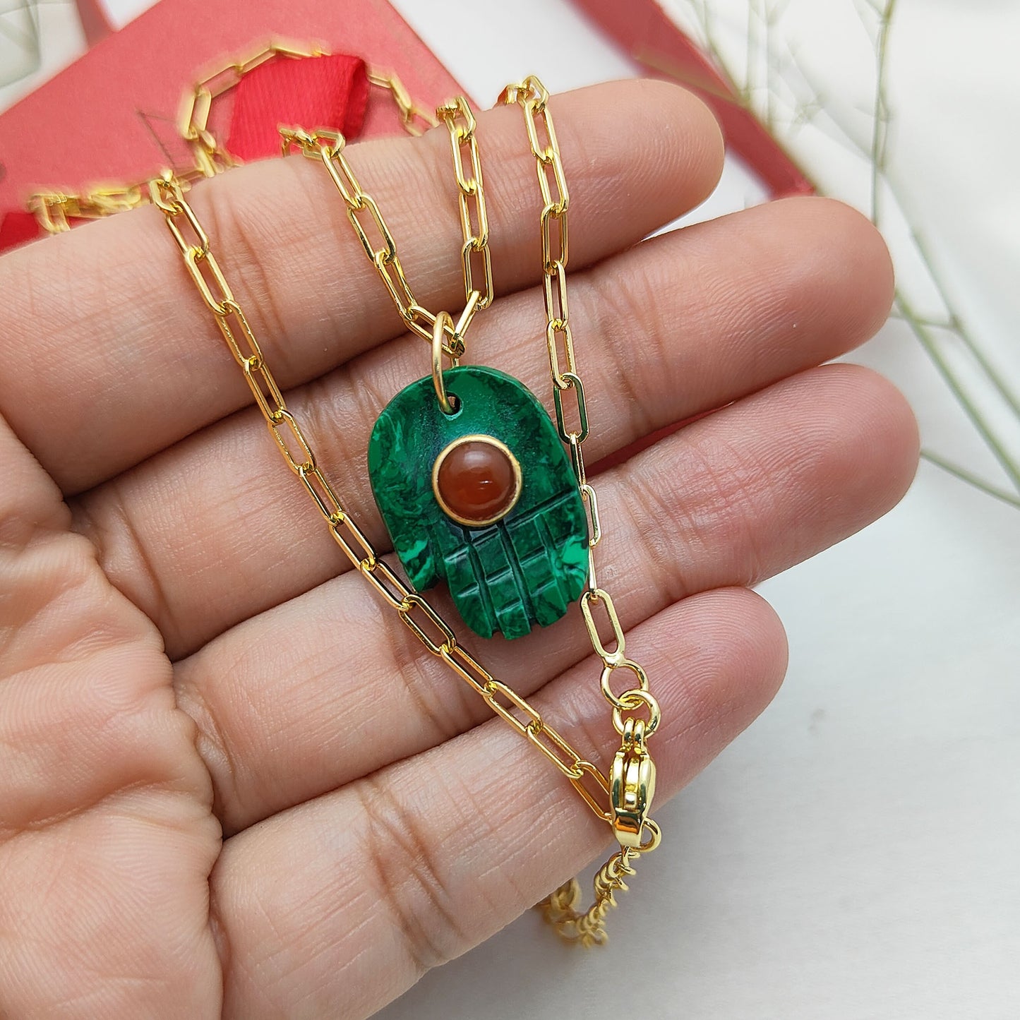 Malachite Evil Eye Necklace with Hamsa Hand Handmade 925 Silver Spiritual Jewelry
