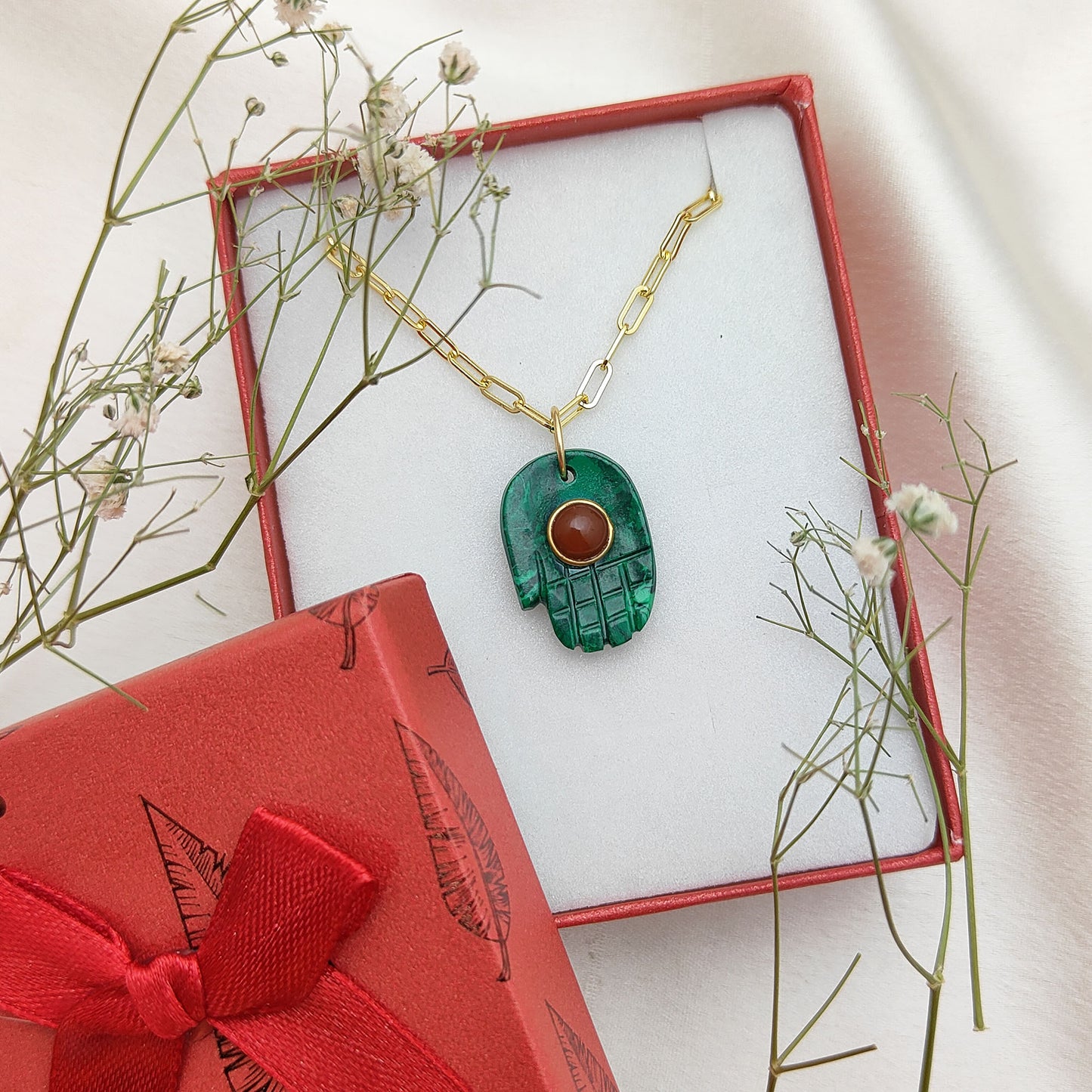 Malachite Evil Eye Necklace with Hamsa Hand Handmade 925 Silver Spiritual Jewelry