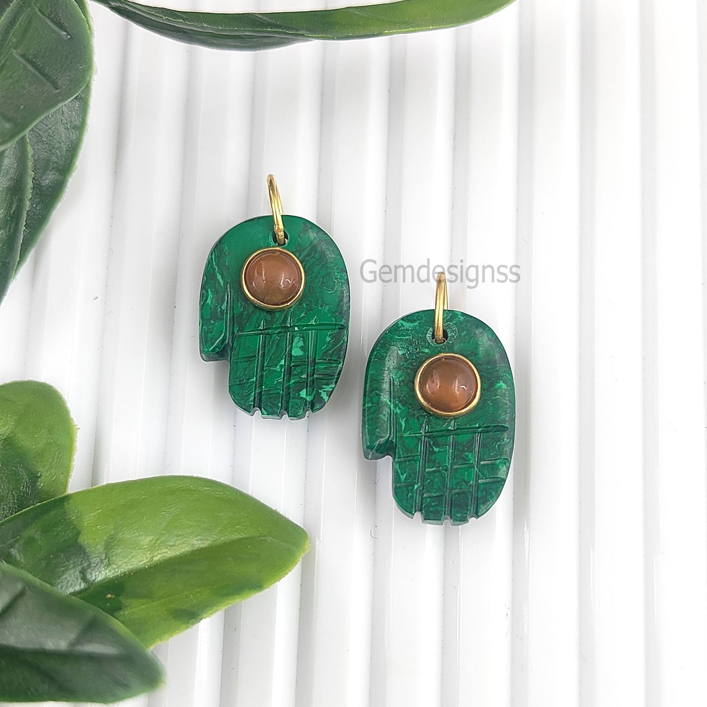 Green Malachite Hand craved Hamsa Hand Gemstone Pendant Gold Vermeil Women Jewelry- Selling Per Piece