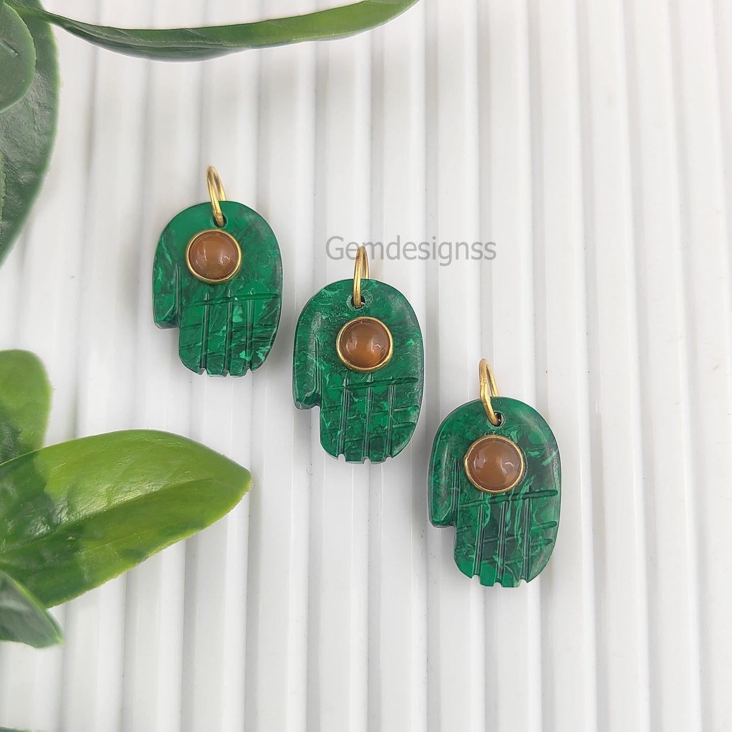 Green Malachite Hand craved Hamsa Hand Gemstone Pendant Gold Vermeil Women Jewelry- Selling Per Piece