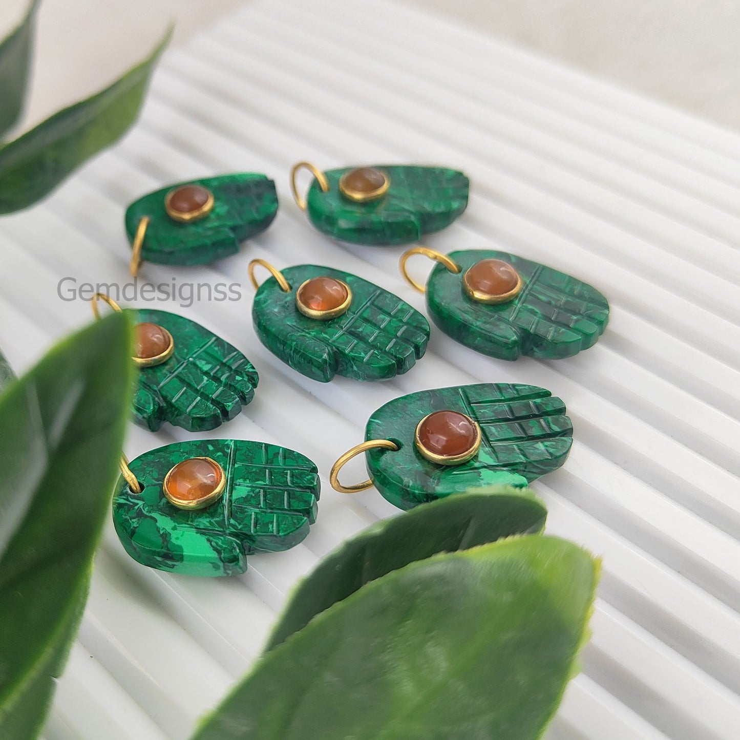 Green Malachite Hand craved Hamsa Hand Gemstone Pendant Gold Vermeil Women Jewelry- Selling Per Piece