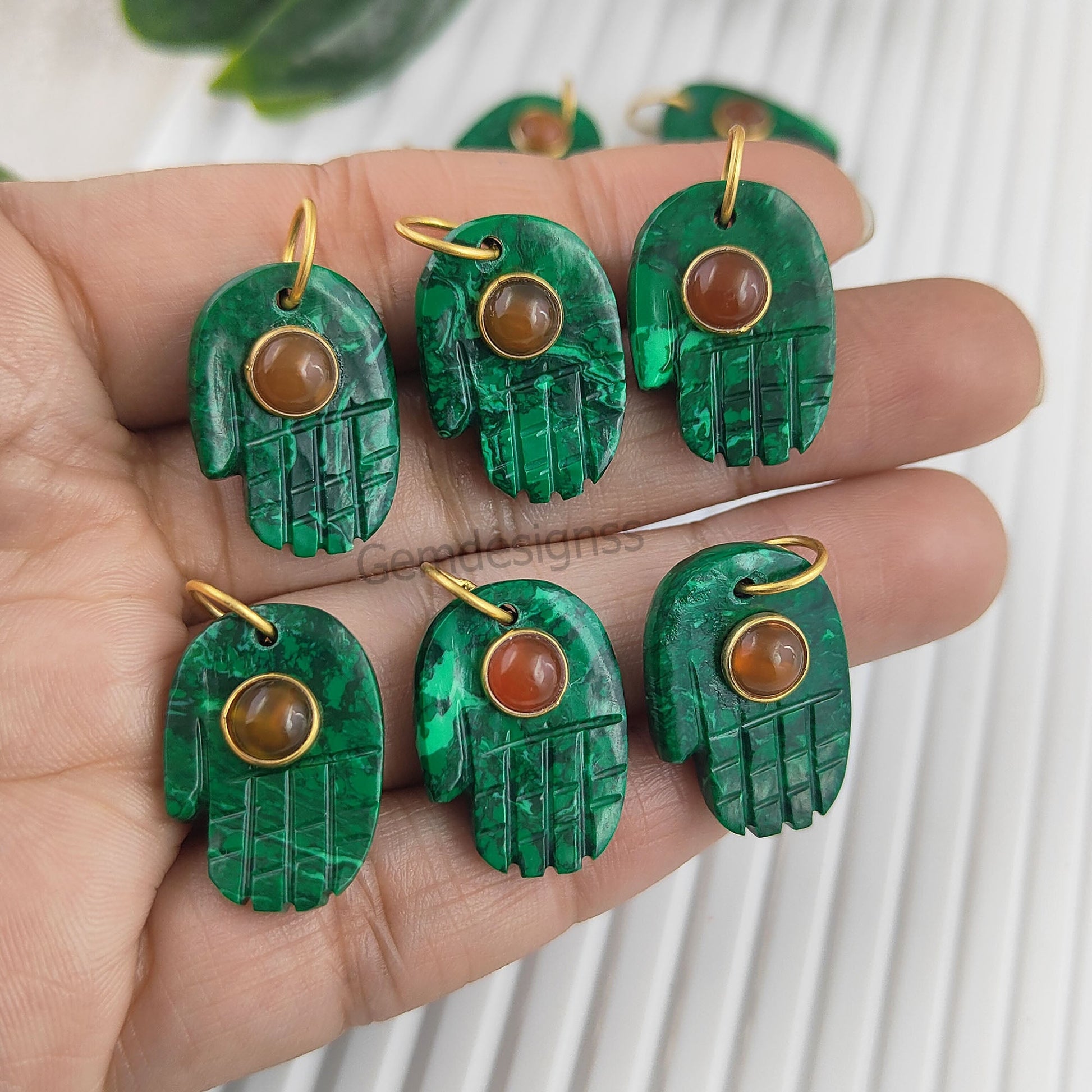 Hand-Carved Green Malachite Hamsa Hand Pendant - Gold Vermeil Jewelry for Women