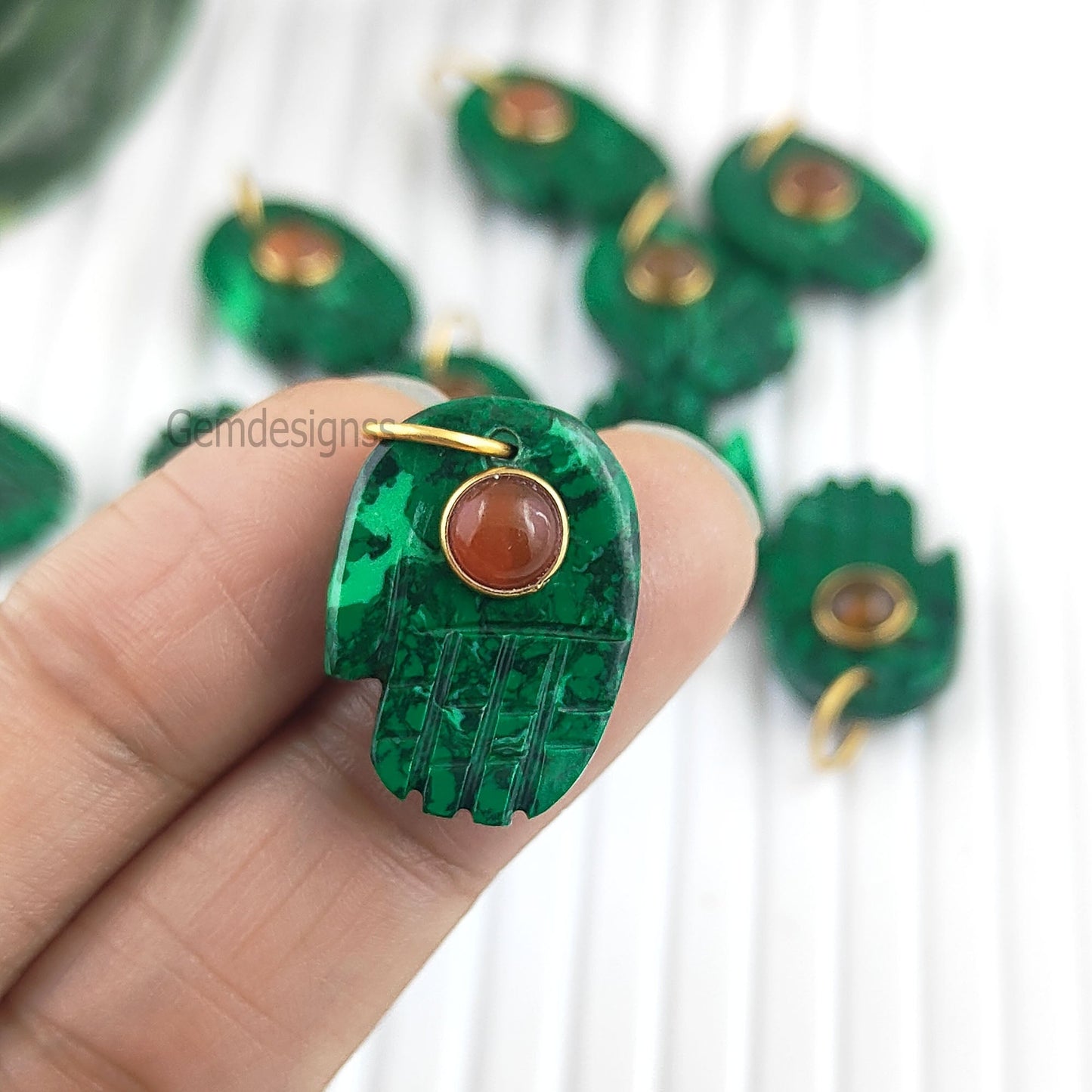 Green Malachite Hand craved Hamsa Hand Gemstone Pendant Gold Vermeil Women Jewelry- Selling Per Piece