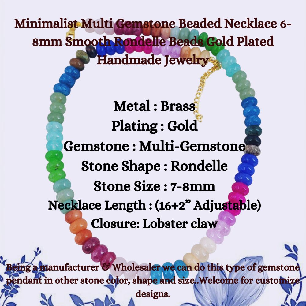 Minimalist Multi Gemstone Beaded Necklace 6-8mm Smooth Rondelle Beads Gold Plated Handmade Jewelry- Selling Per Piece