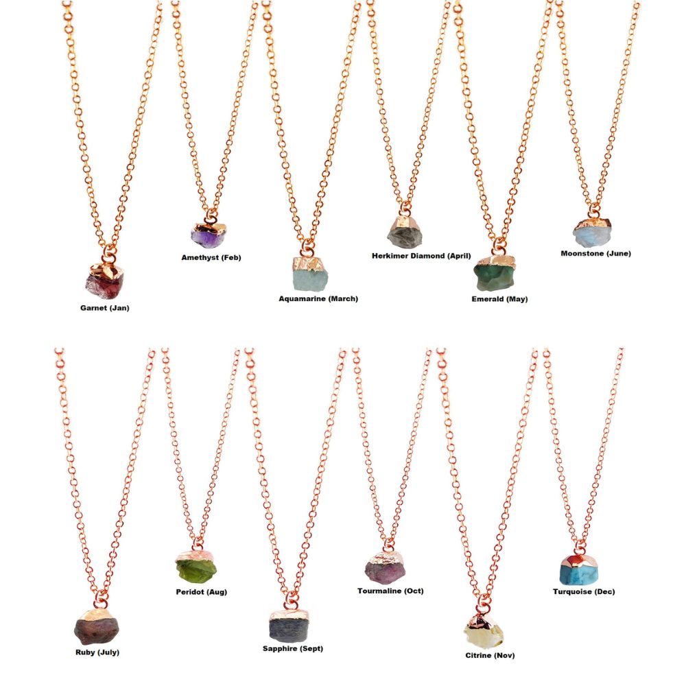 Features genuine raw gemstones representing each month