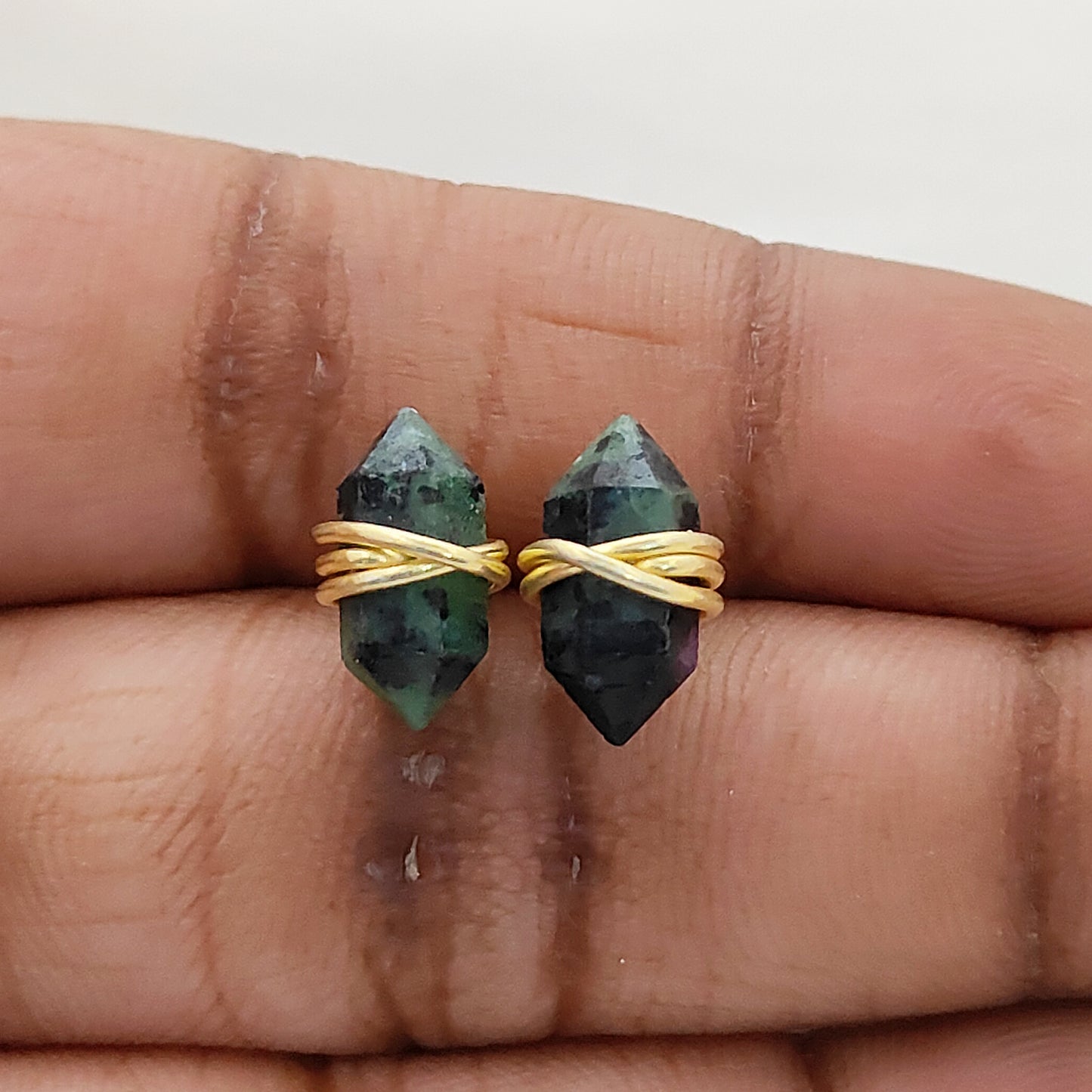Minimalist Dyed Emerald Stud Earrings 12x5mm Double Point Gemstone Earrings in Gold Vermeil- Selling Per Pair