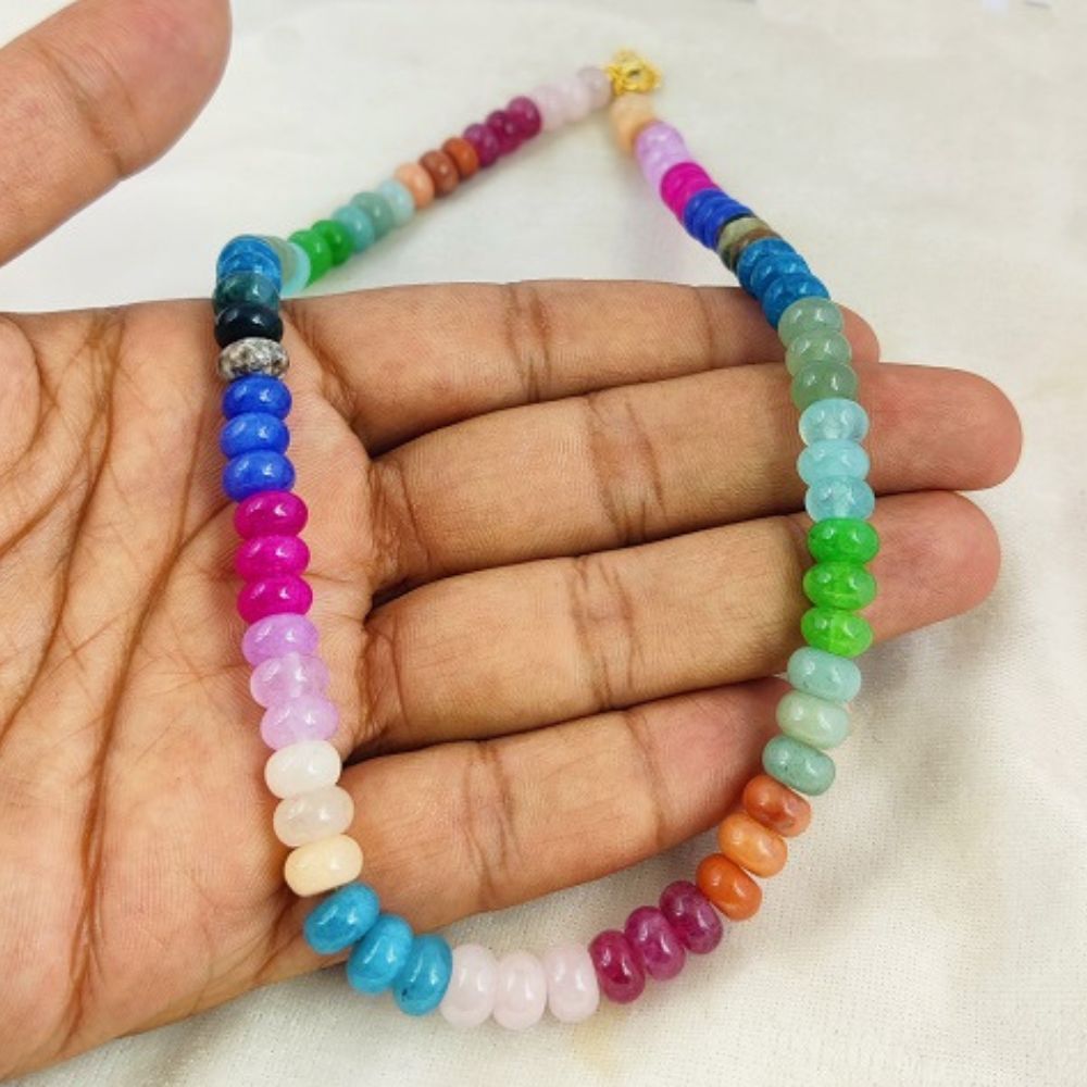 Handmade multi-gemstone beaded necklace with 6-8mm smooth rondelle beads, minimalist jewelry for women, sold per piece.