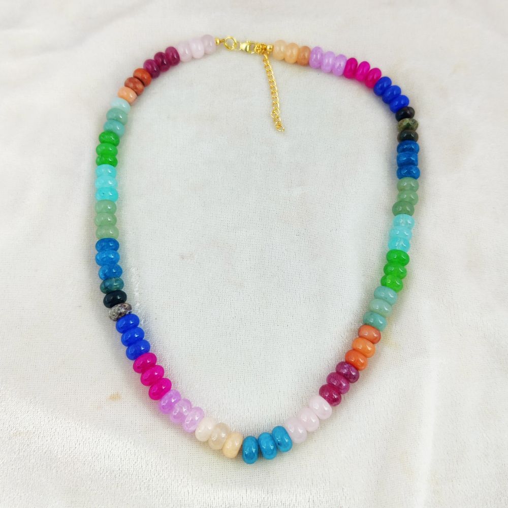 Minimalist gemstone beaded necklace featuring smooth rondelle beads, adjustable 16+2 inches, handmade jewelry for everyday wear.