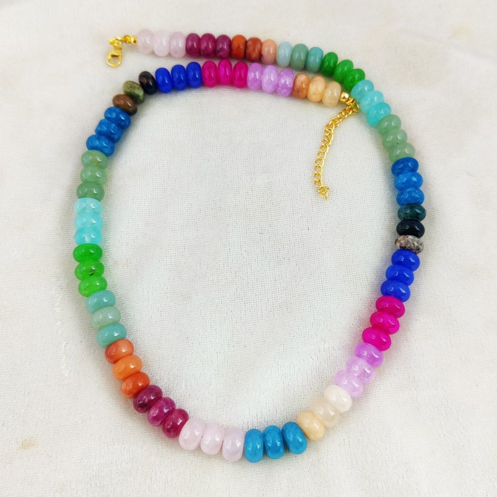 Minimalist Multi Gemstone Beaded Necklace 6-8mm Smooth Rondelle Beads Gold Plated Handmade Jewelry- Selling Per Piece