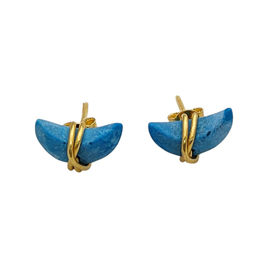 Minimalist Turquoise Crescent Stud Earrings, Gold Plated Half Moon Jewelry Gift for Her- Selling Per Pair