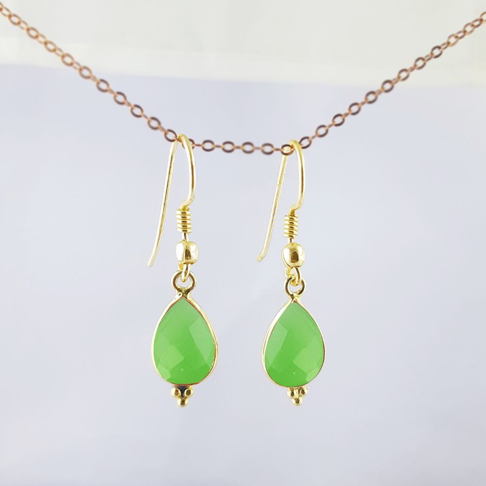 Minimalist Green Chalcedony Earrings – 12x8mm Teardrop Gold Plated Birthstone Jewelry