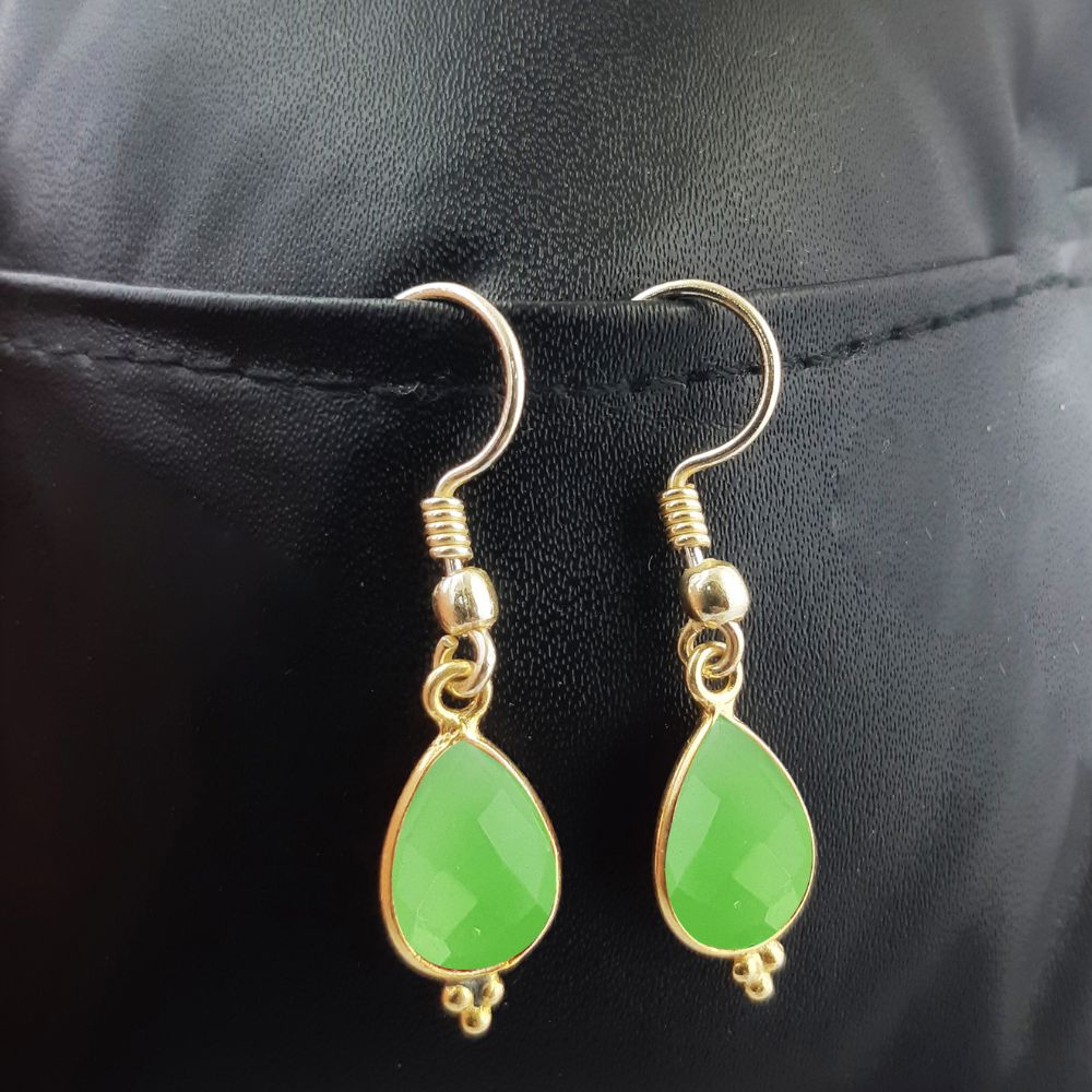 Bezel Set Green Chalcedony Dangle Earrings – Elegant Gold Plated Jewelry for Women