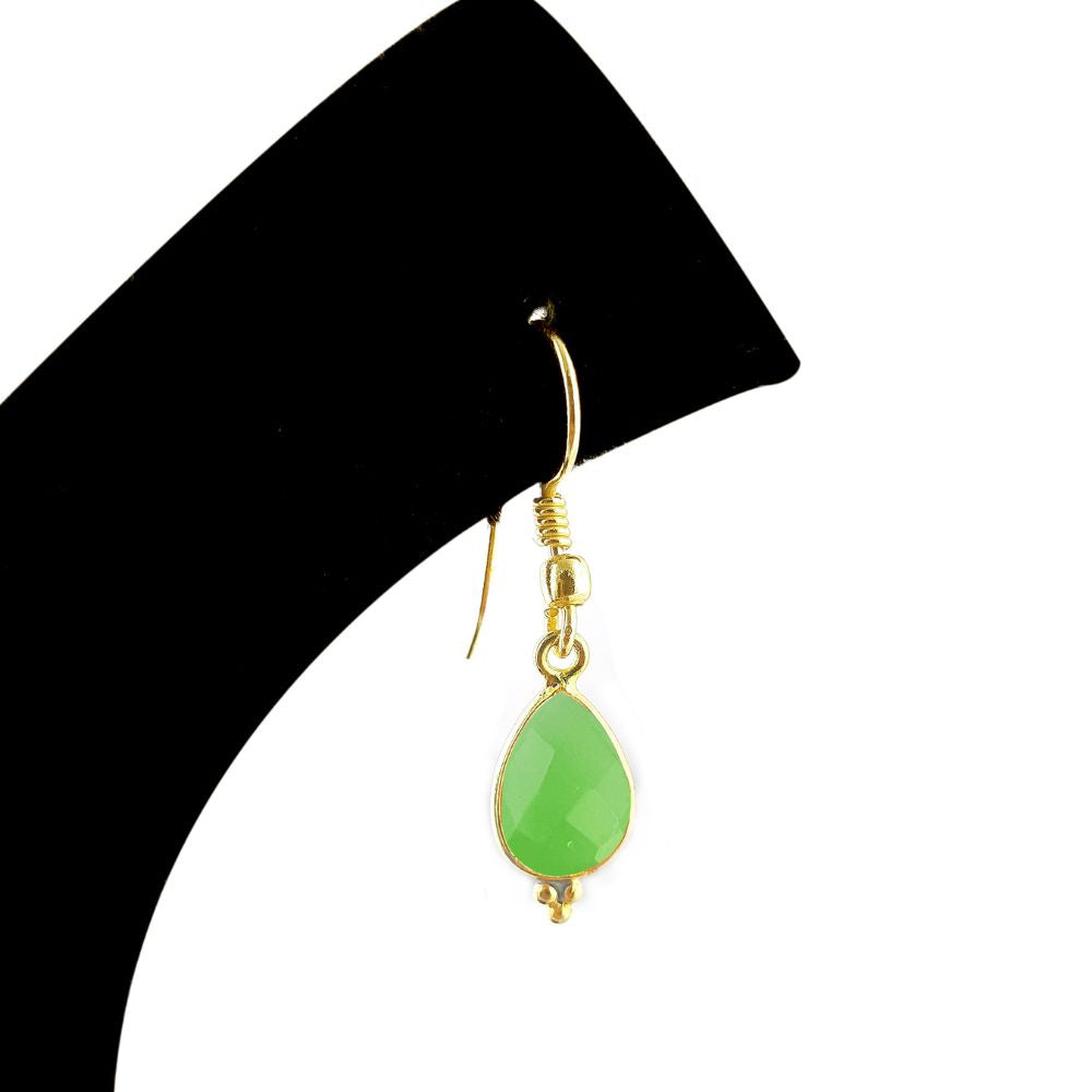 Minimalist 12x8mm Green Chalcedony Teardrop Earrings Gold Plated Handmade Birthstone Dainty Jewelry- Selling Per Pair