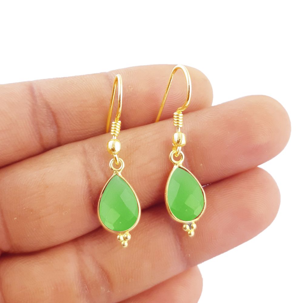 Dainty Green Chalcedony Gemstone Earrings – Bezel Set Gold Plated Jewelry for Her