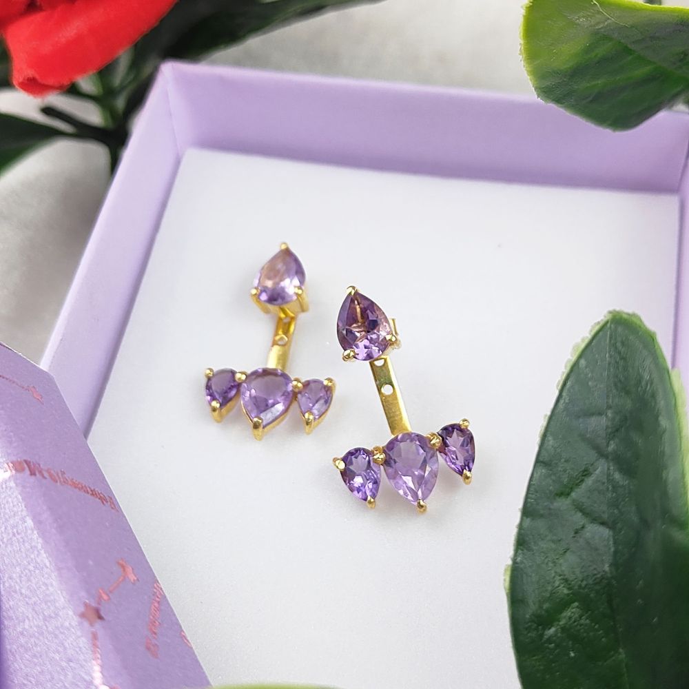 Minimalist Amethyst Gemstone Ear Jacket Earrings Gold Vermeil Sterling Silver Birthstone Jewelry for Women- Selling Per Pair