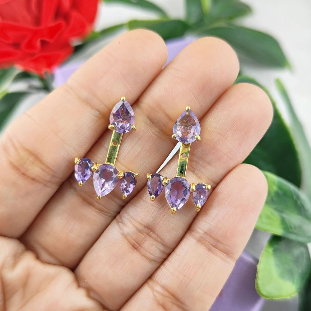 Delicate Amethyst Gemstone Earrings – Trendy Gold Vermeil Ear Jacket Design