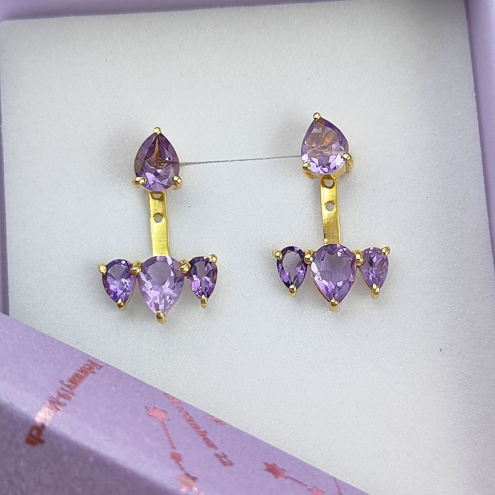 Minimalist Amethyst Gemstone Ear Jacket Earrings Gold Vermeil Sterling Silver Birthstone Jewelry for Women- Selling Per Pair
