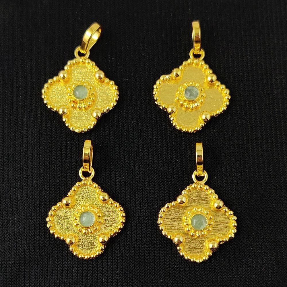 Dainty Clover Pendant Necklace with Round Cabochon Aqua Chalcedony