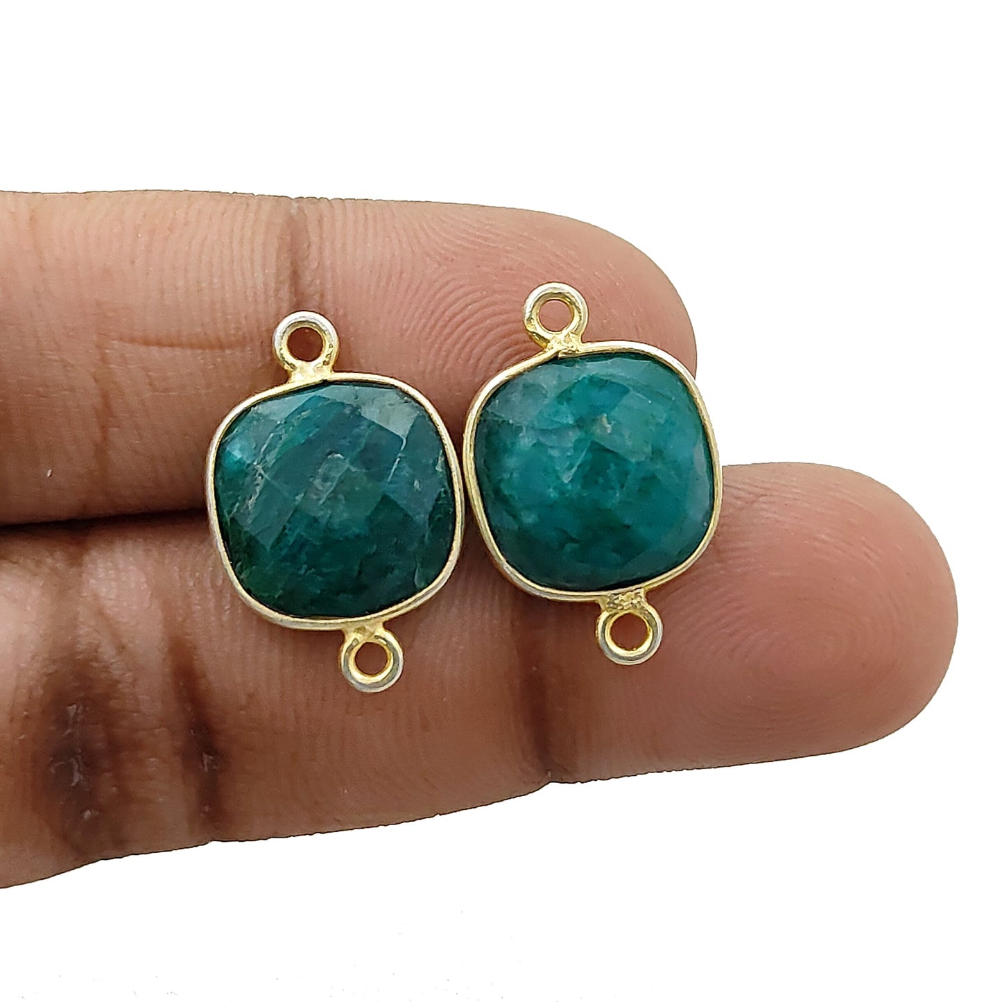 Handmade emerald cushion connector charm gold plated 925 silver bezel