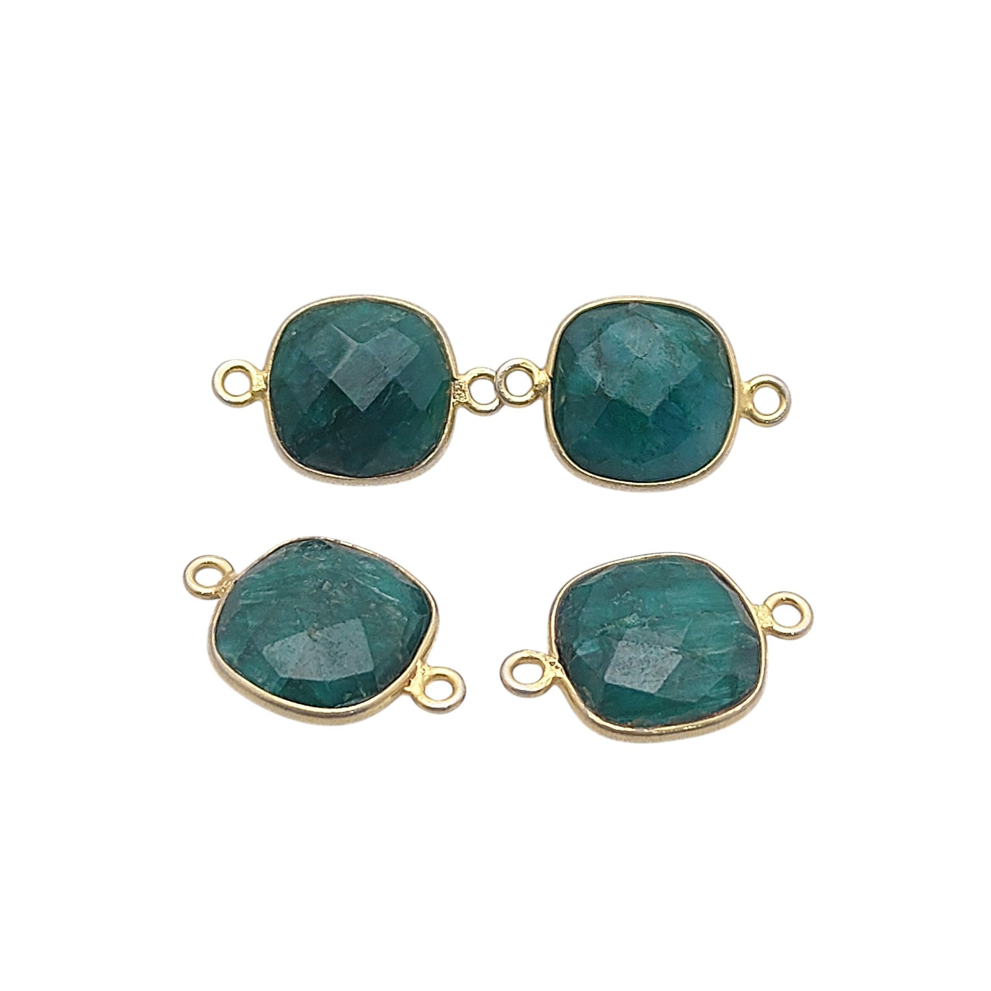 Minimalist cushion cut emerald gemstone connector charm gold over sterling silver