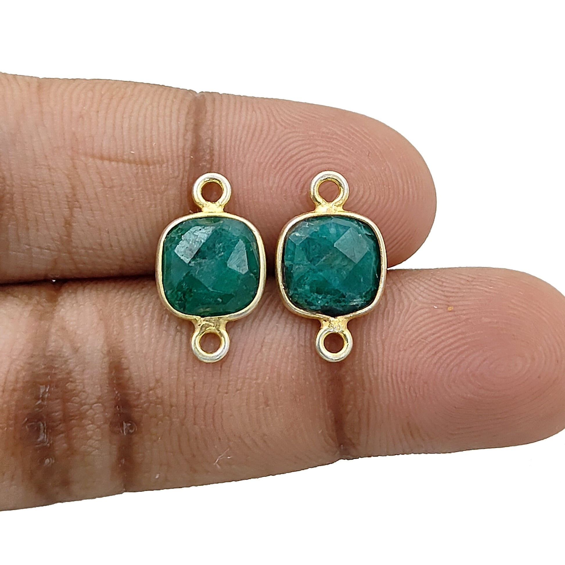 Elegant emerald cushion bezel charm gold plated sterling silver connector