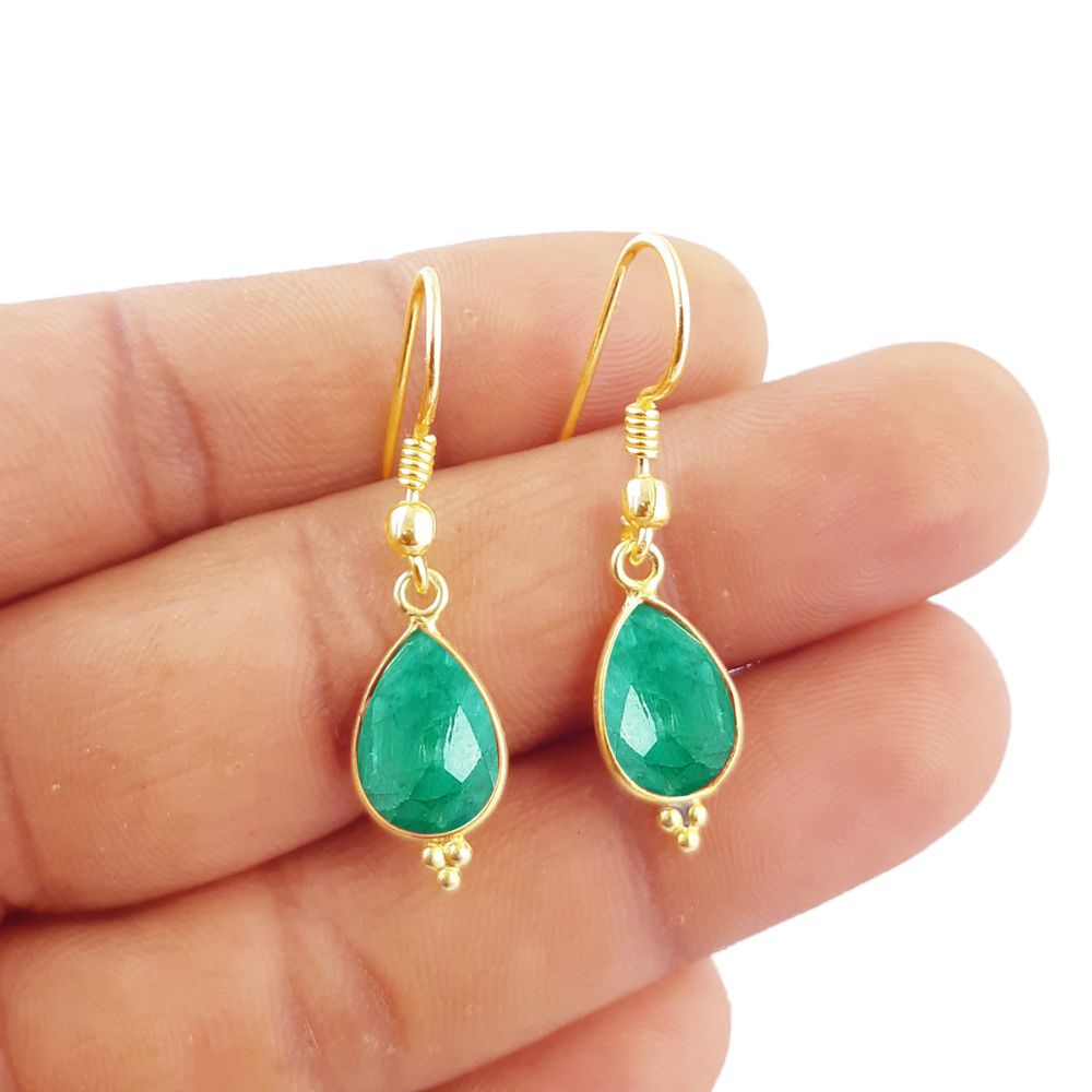 Minimalist Emerald Green Earrings – 12x8mm Teardrop Gold Plated Birthstone Jewelry