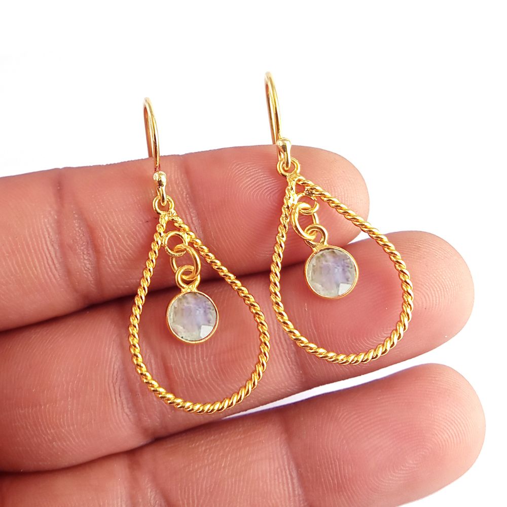 June Birthstone Earrings – Gold Plated Moonstone Dangle Pair – Elegant Gift for Her