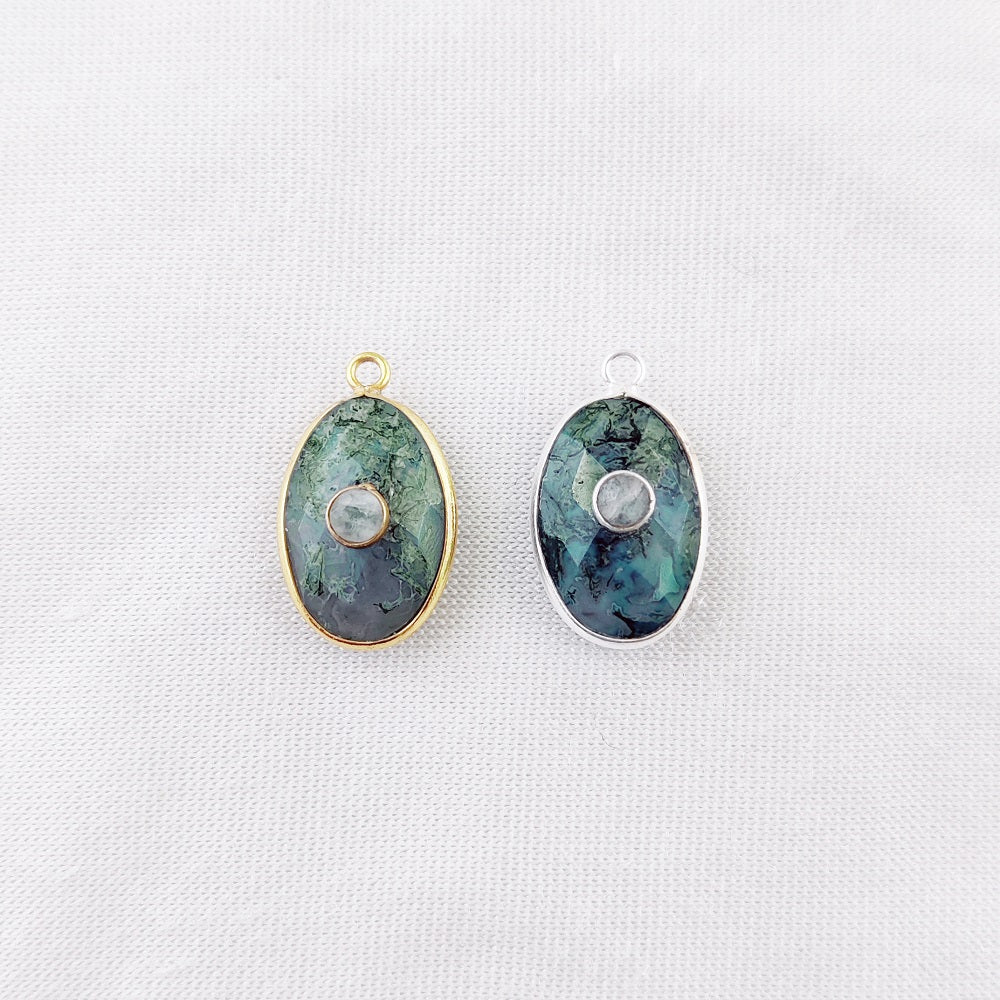 Beautiful Gold-Plated Silver Moss Agate & Rainbow Moonstone Pendant Birthstone Handmade Charms- Selling Per Piece