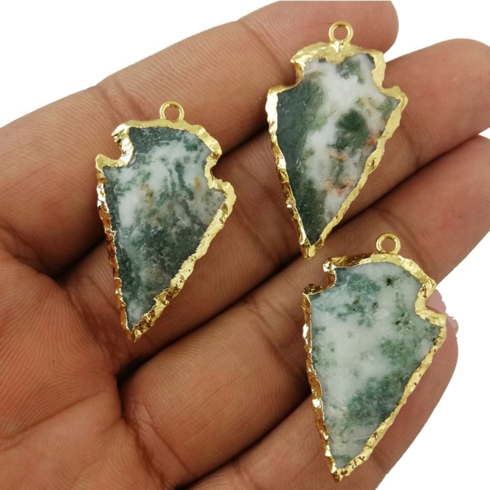 Handmade Moss Agate Arrow Pendant – Gold Electroplated Minimalist Gemstone Necklace for Women