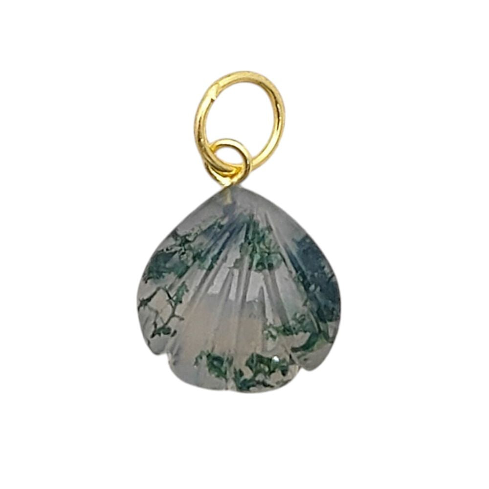 Handmade Moss Agate Heart Pendant with Sterling Silver Plated Seashell Charm