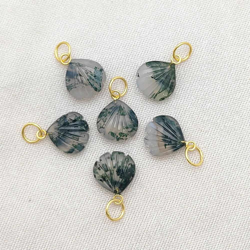 Moss Agate Heart Pendant with Handmade Seashell Charm – Sterling Silver Plated