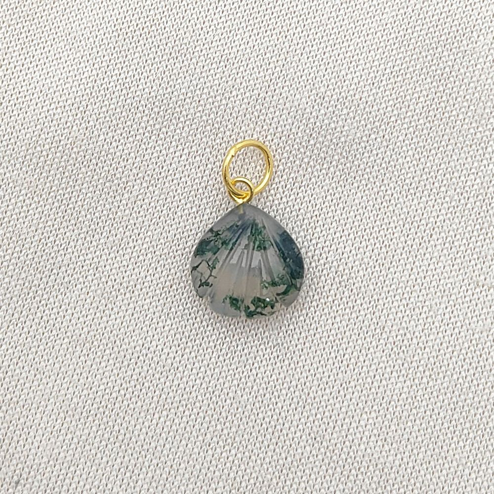 Artisan Moss Agate Heart Pendant with Sterling Silver Plated Seashell Charm