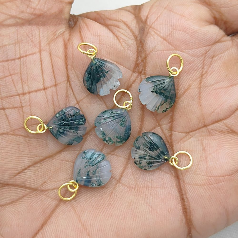 Unique Moss Agate Heart Pendant with Seashell Charm in Sterling Silver Plating