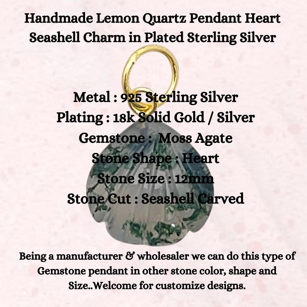 Sterling Silver Plated Moss Agate Heart Pendant with Seashell Charm – Handmade Jewelry