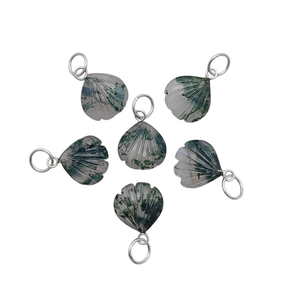 Elegant Moss Agate Heart Pendant with Handmade Seashell Charm in Sterling Silver