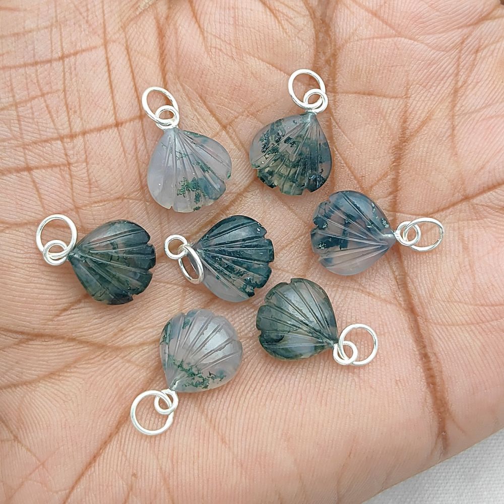 Moss Agate Heart Pendant with Handmade Seashell Charm in Sterling Silver Plated Jewelry