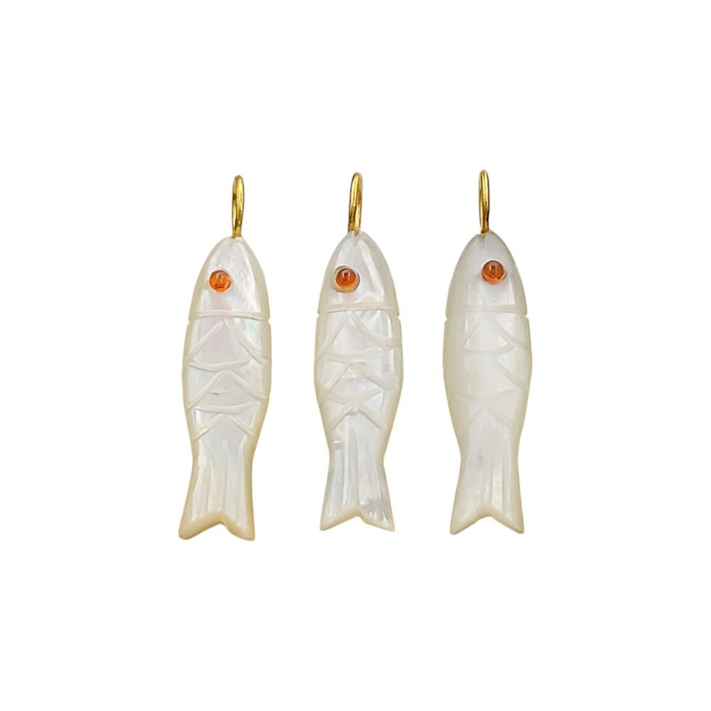 Mother of pearl carved fish pendant in 925 sterling silver