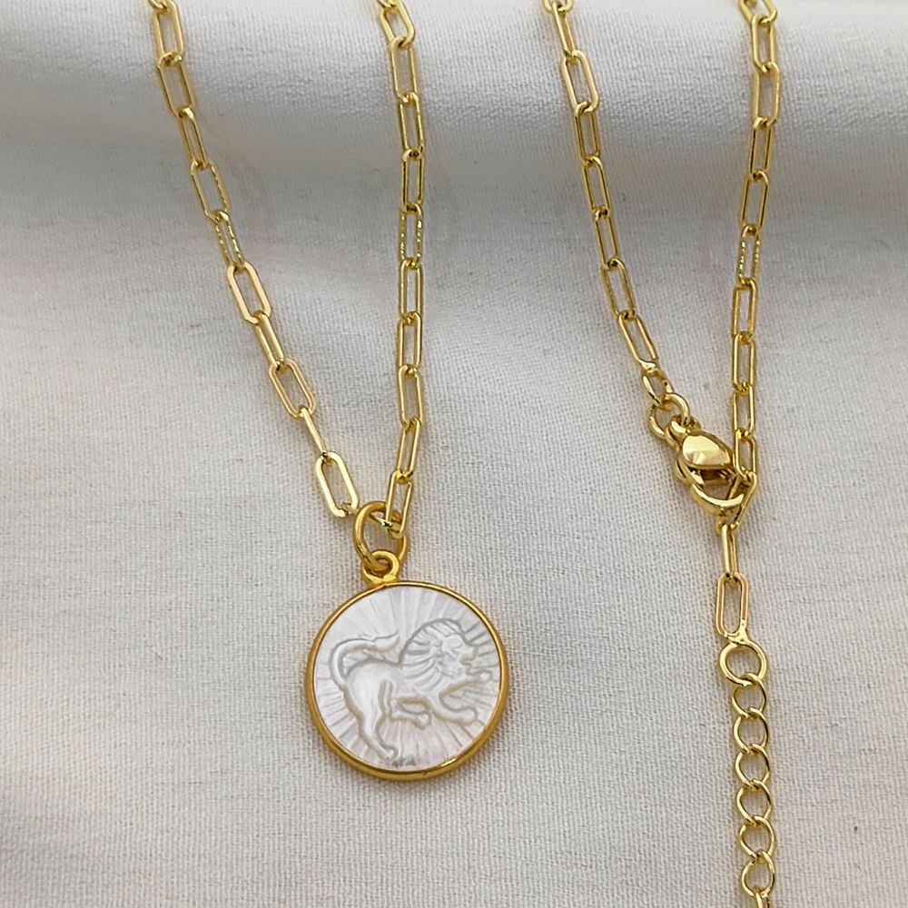 Mother of Pearl Zodiac Pendant for Necklace Gold Plated Astrology Sign Charm on Paperclip Chain Horoscope Jewelry Gift- Selling Per Piece