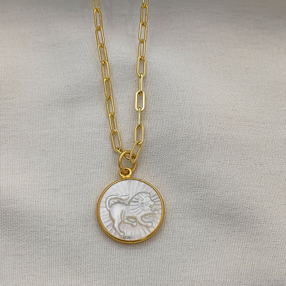 Mother of Pearl Zodiac Pendant for Necklace Gold Plated Astrology Sign Charm on Paperclip Chain Horoscope Jewelry Gift- Selling Per Piece