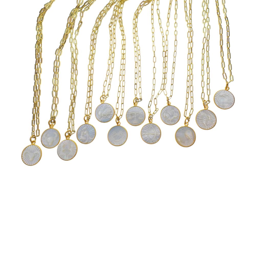 Mother of Pearl Zodiac Pendant for Necklace Gold Plated Astrology Sign Charm on Paperclip Chain Horoscope Jewelry Gift- Selling Per Piece