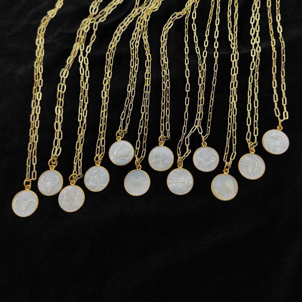 Mother of Pearl Zodiac Pendant for Necklace Gold Plated Astrology Sign Charm on Paperclip Chain Horoscope Jewelry Gift- Selling Per Piece