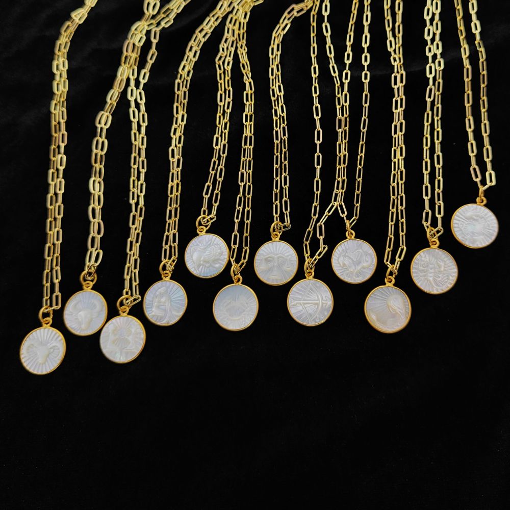 Mother of Pearl Zodiac Pendant for Necklace Gold Plated Astrology Sign Charm on Paperclip Chain Horoscope Jewelry Gift- Selling Per Piece