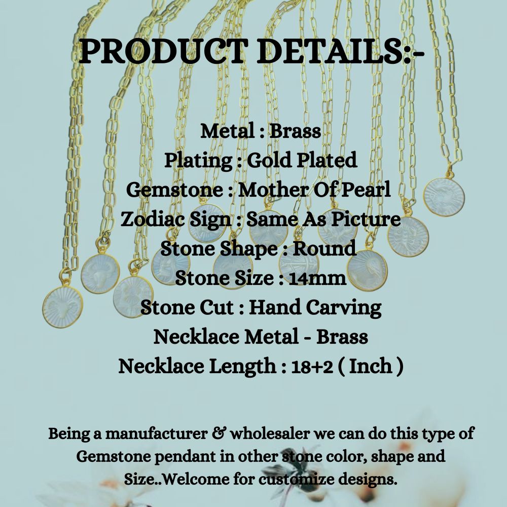 Mother of Pearl Zodiac Pendant for Necklace Gold Plated Astrology Sign Charm on Paperclip Chain Horoscope Jewelry Gift- Selling Per Piece