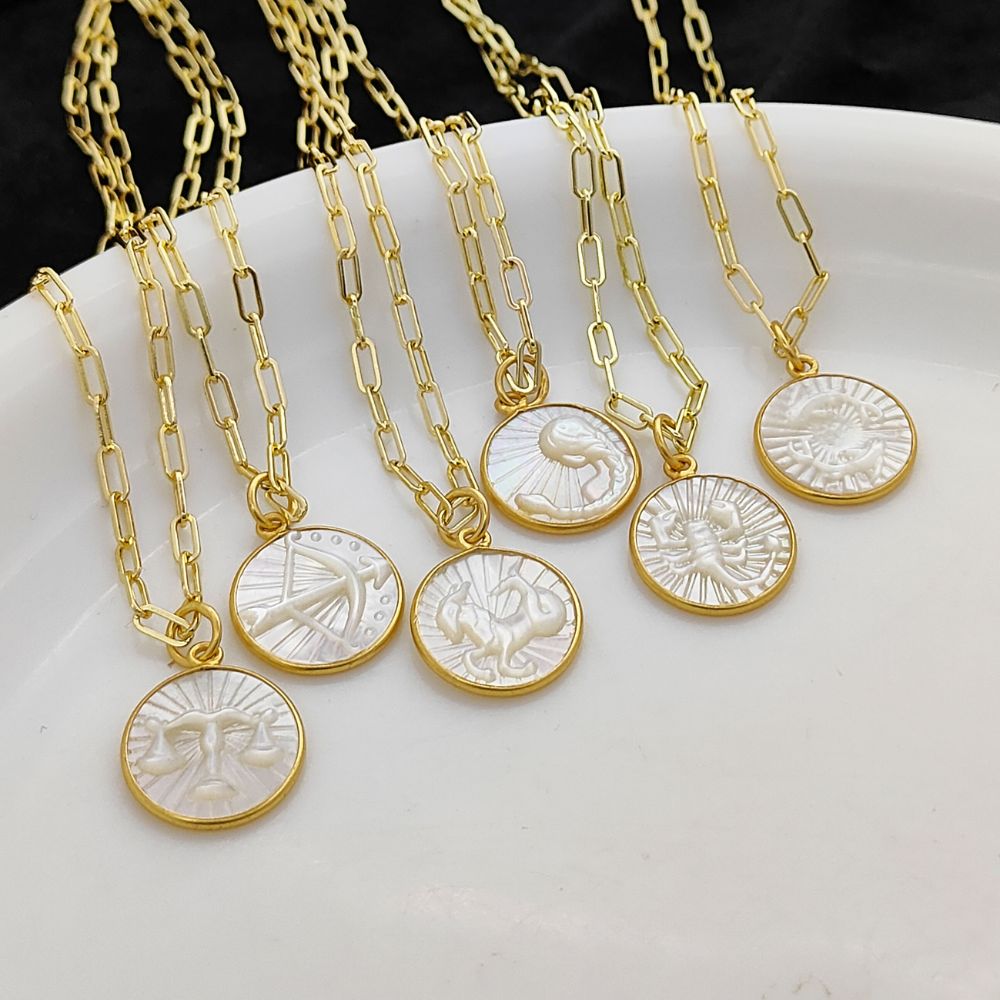 Mother of Pearl Zodiac Pendant for Necklace Gold Plated Astrology Sign Charm on Paperclip Chain Horoscope Jewelry Gift- Selling Per Piece