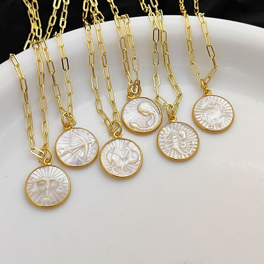 Mother of Pearl Zodiac Pendant for Necklace Gold Plated Astrology Sign Charm on Paperclip Chain Horoscope Jewelry Gift- Selling Per Piece