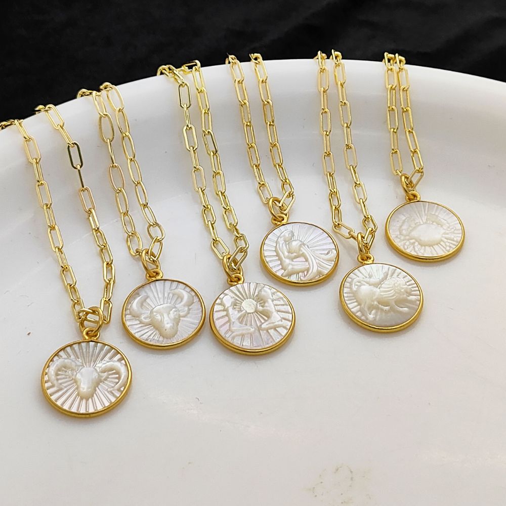 Mother of Pearl Zodiac Pendant for Necklace Gold Plated Astrology Sign Charm on Paperclip Chain Horoscope Jewelry Gift- Selling Per Piece