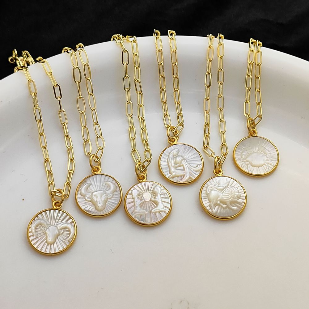 Mother of Pearl Zodiac Pendant for Necklace Gold Plated Astrology Sign Charm on Paperclip Chain Horoscope Jewelry Gift- Selling Per Piece