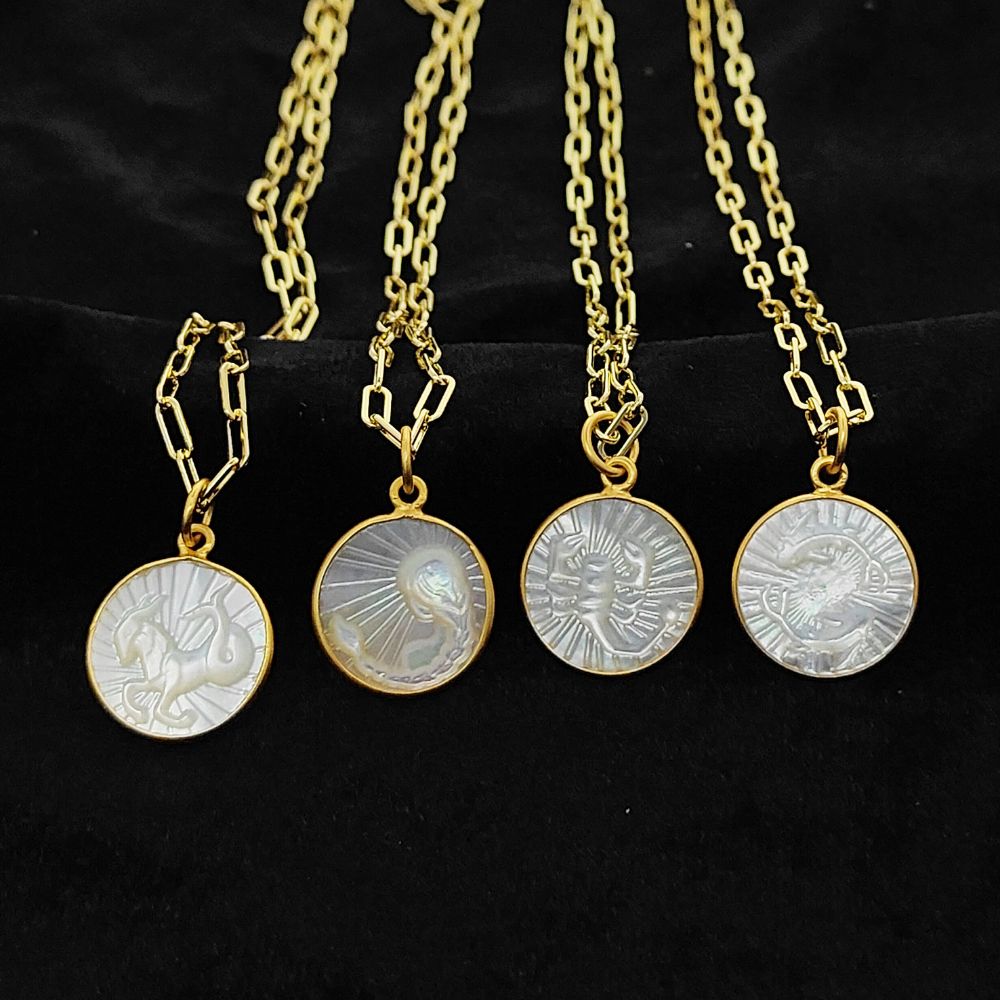 Mother of Pearl Zodiac Pendant for Necklace Gold Plated Astrology Sign Charm on Paperclip Chain Horoscope Jewelry Gift- Selling Per Piece