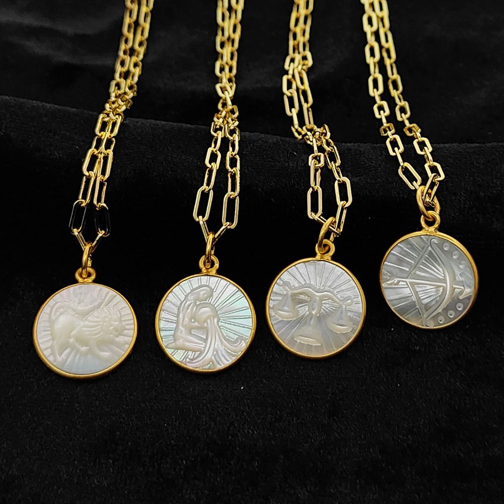 Mother of Pearl Zodiac Pendant for Necklace Gold Plated Astrology Sign Charm on Paperclip Chain Horoscope Jewelry Gift- Selling Per Piece