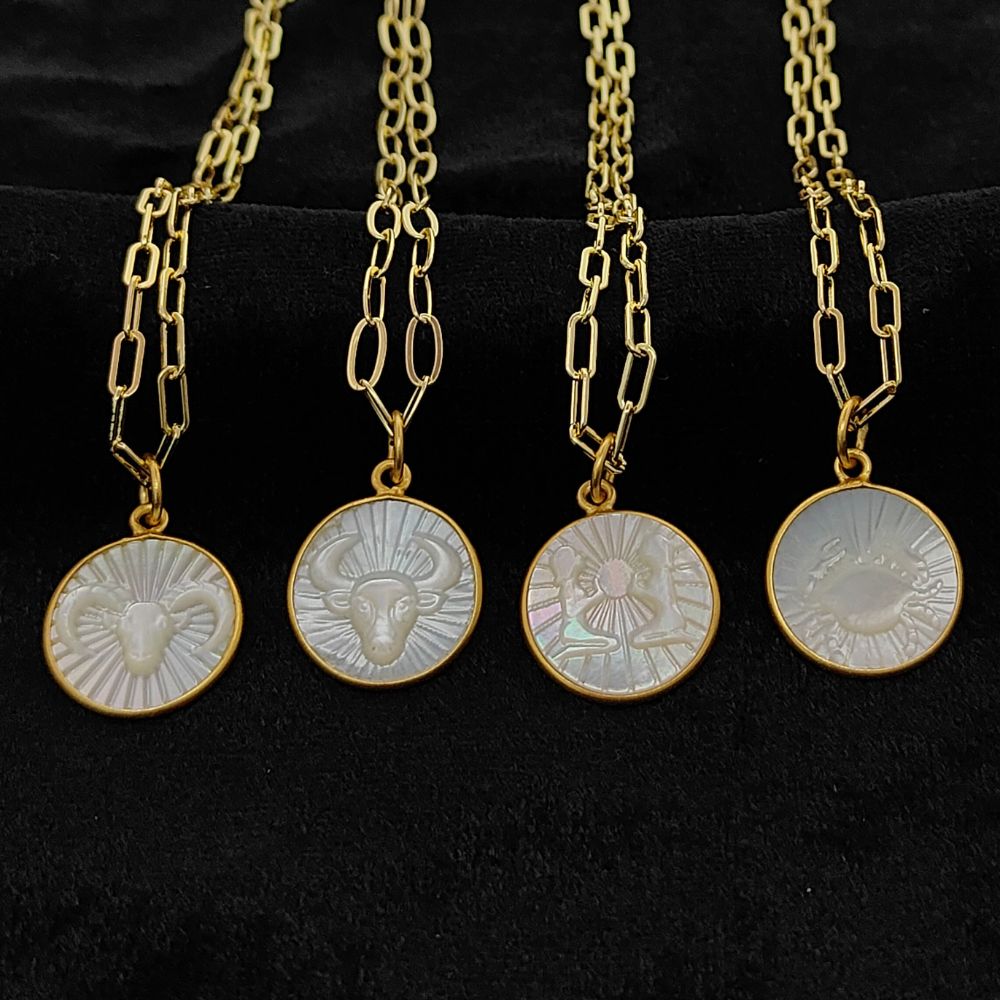 Mother of Pearl Zodiac Pendant for Necklace Gold Plated Astrology Sign Charm on Paperclip Chain Horoscope Jewelry Gift- Selling Per Piece